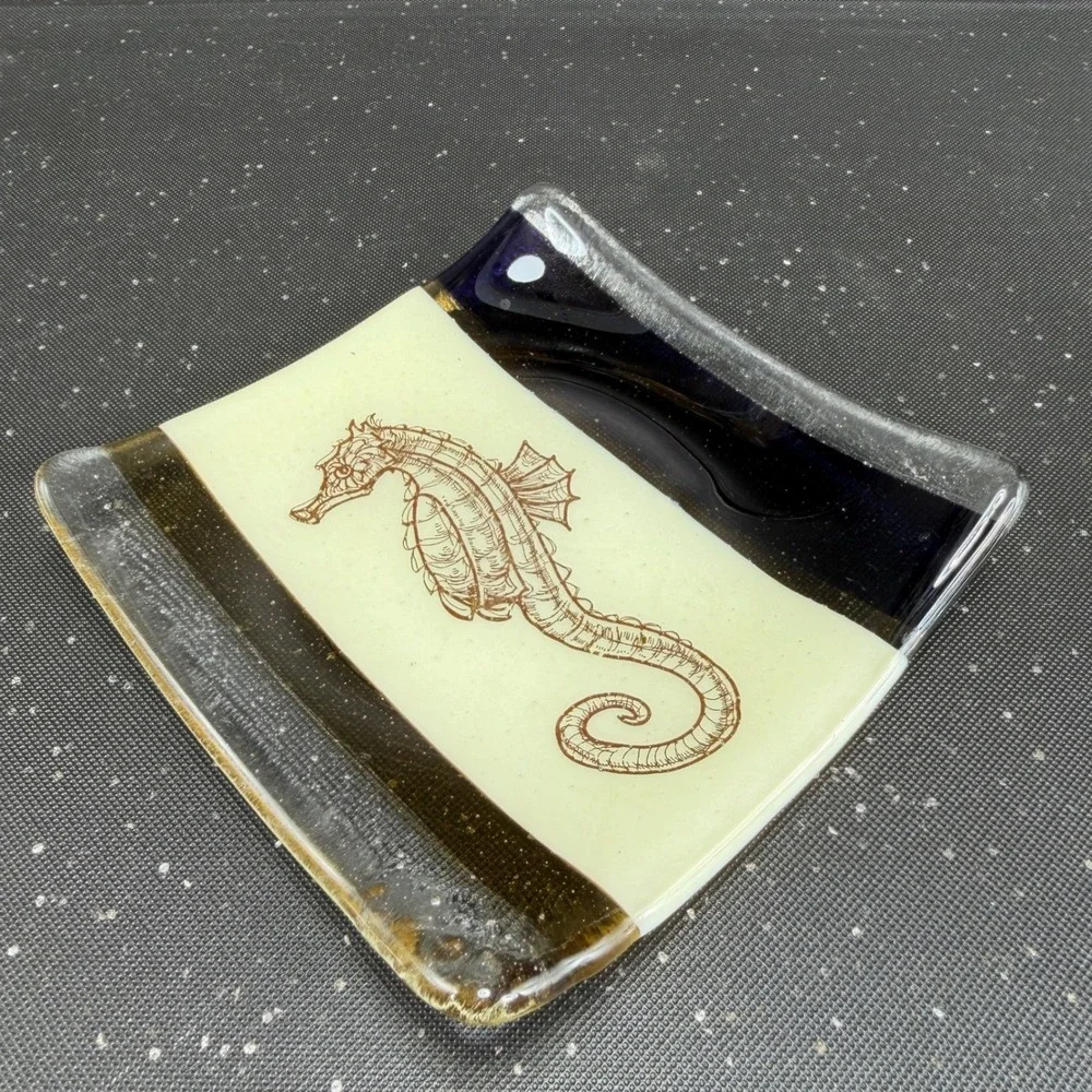 Fused Glass Seahorse Trinket Dish Square Coastal Navy Amber 5in Plate‎